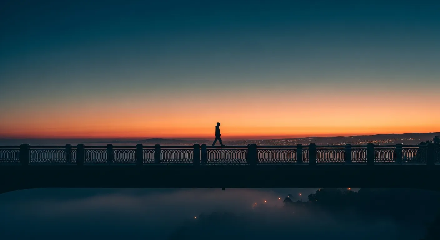 Silhouette of a person walking across a bridge at twilight — the difficult journey of leaving a controlling church