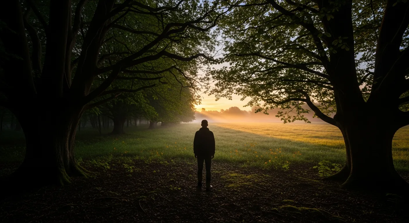 A person standing at the edge of a dark forest looking toward golden morning light — stepping out of religious trauma into healing