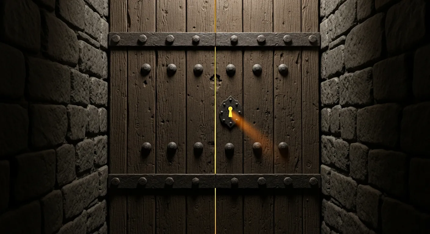 A heavy locked door with golden light streaming through the keyhole — the psychology of being trapped in a belief system