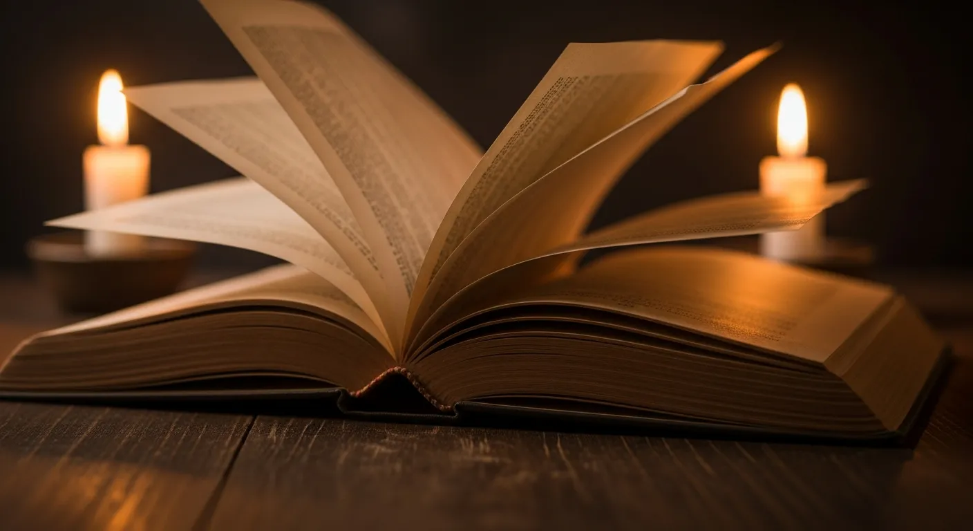 An open book with turning pages illuminated by candlelight — examining the financial records and truth behind church operations